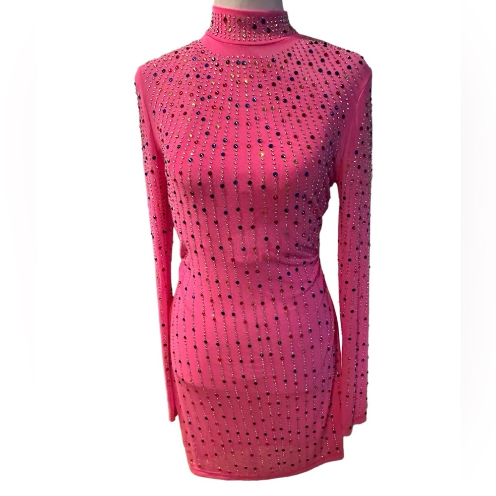 Fashion Nova Neon Pink Rhinestone Long-Sleeve Mini Dress